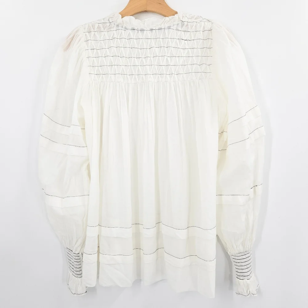 Anthropologie Blouse White Cotton Smocked Peasant‎ Long Sleeve